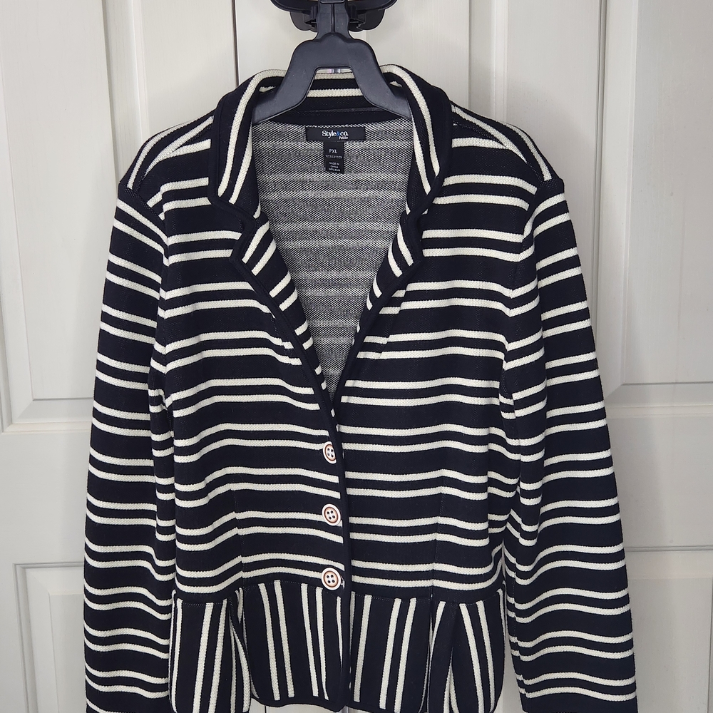Black and White Striped Women's Knit Blazer